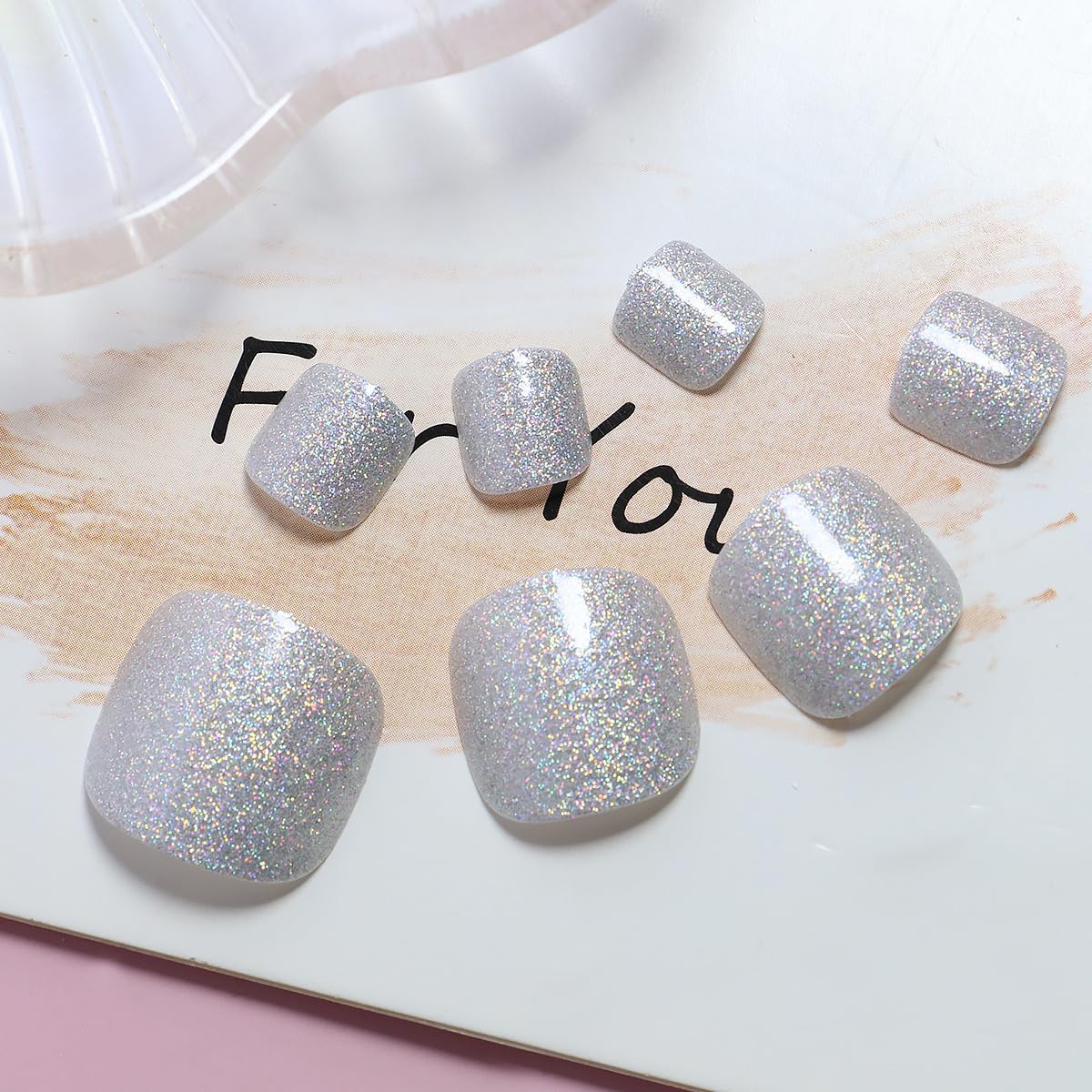 Silver Glitter Press on Toenails Short Square Acrylic Toe Nails Finish Fake Toenails Full Cover Glue on Toe Nails False Toenails with Powder Designs Cute Artificial Toenails for Women Girls 24Pcs