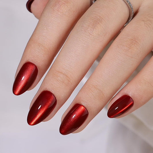 Hrnsnails Almond Shaped Press On Nails, Glue On Nails Short Red Fake Nails with Cat Eye Press On Nails Designs, Acrylic Nails Press On Gel False Nails, Artificial Nails Stick On Nails for Women