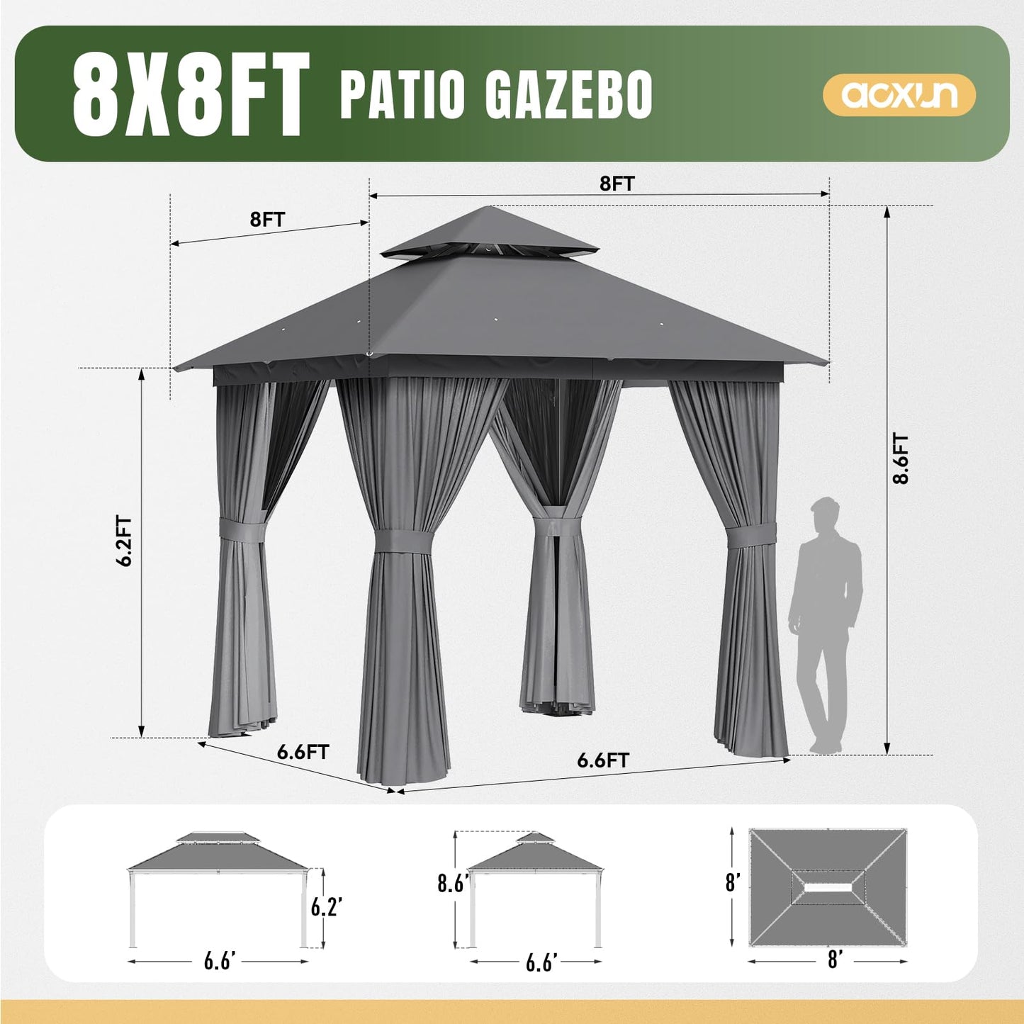 Aoxun Outdoor Gazebo for Patio 8x8, Metal Frame Canopy with Double Roofs, Heavy Duty Party Tent and Shelter with Mosquito Netting and Privacy Screen for Backyard, Lawn, Garden, Deck (Grey)