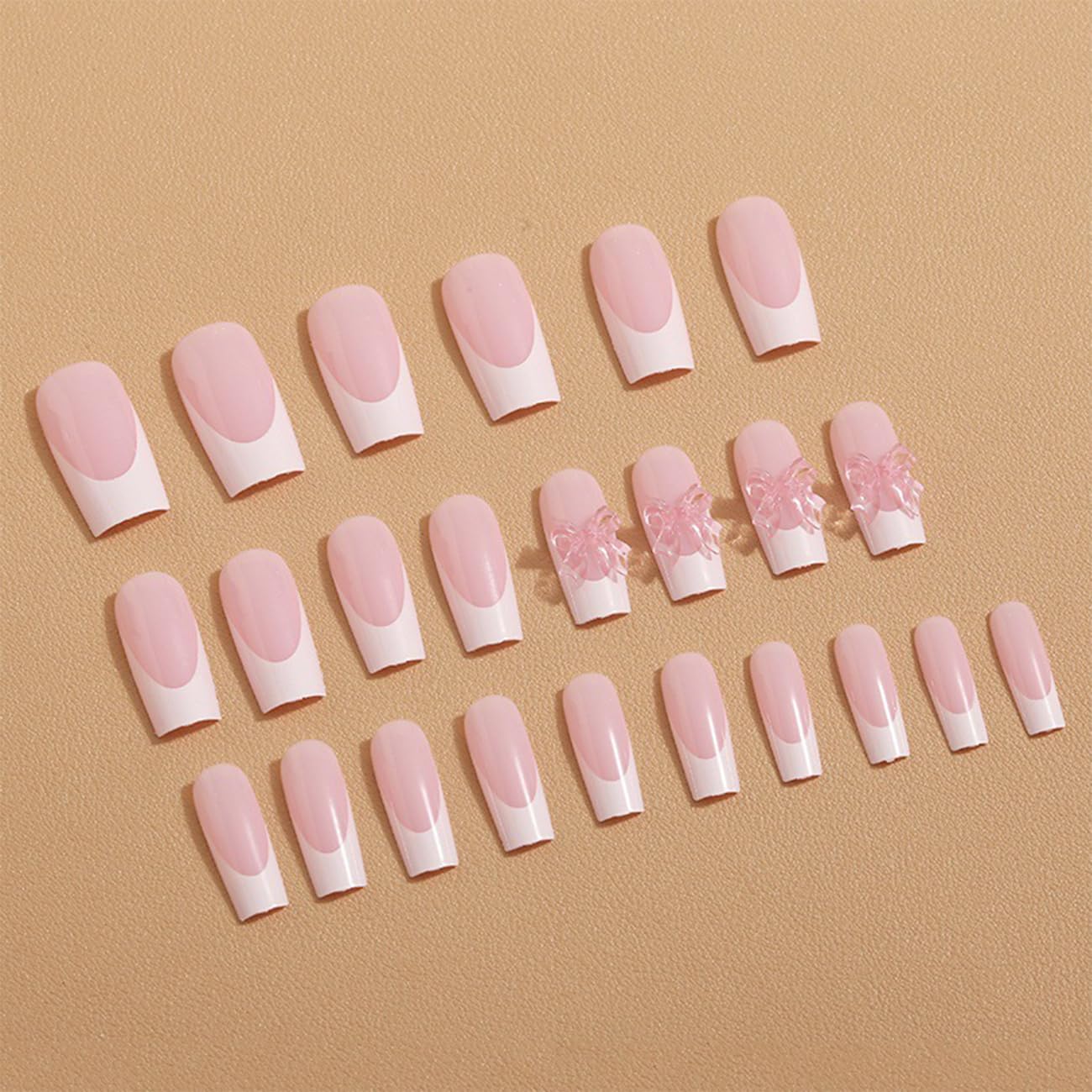 24pcs French Tip Press On Nails - Medium Length Almond Fake Nails With White Tips, Bow Charms & Nude Color Acrylic Finish - Perfect For Daily Wear & Manicure