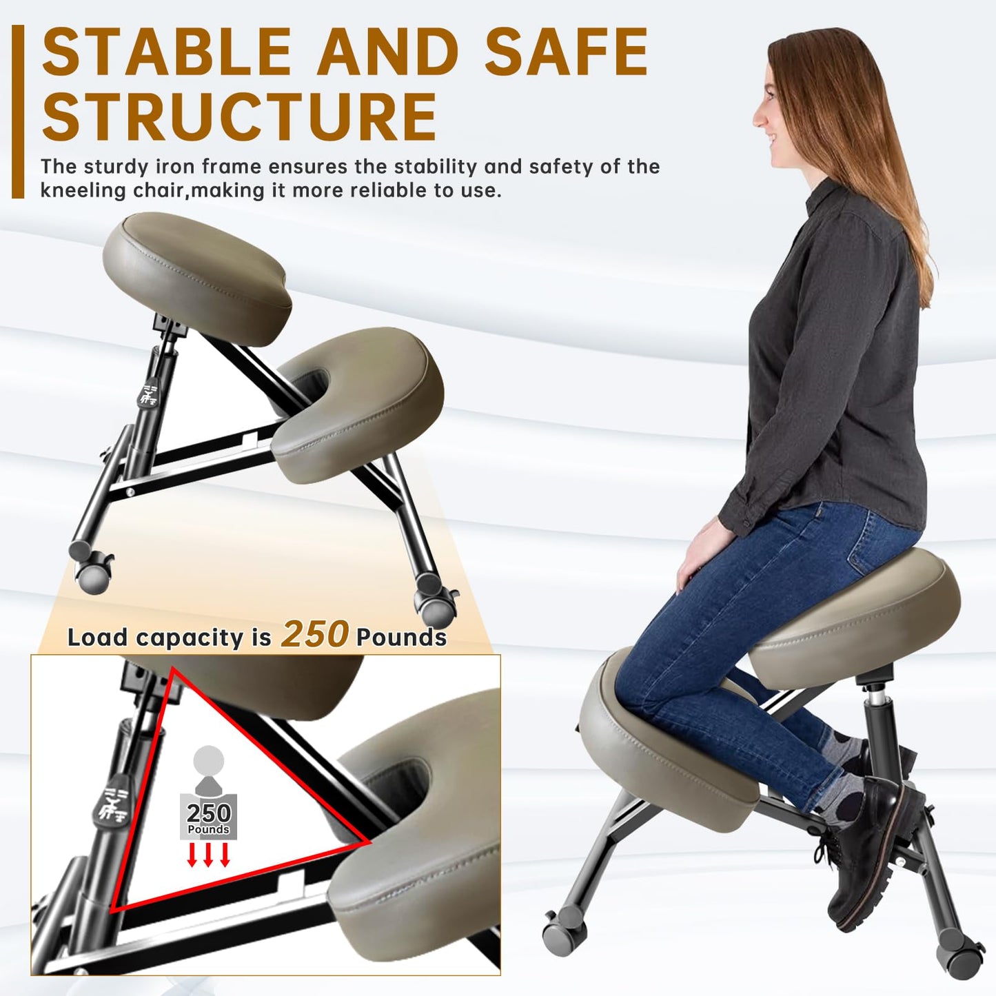 PU Leather Ergonomic Kneeling Chair, Adjustable Home and Office Stool with Thick Pads and Flexible Lockable Brake Wheels for Back Pain Relief（Dark Brown）