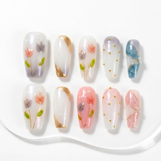Sun&Beam Nails Handmade Press-On Nails Medium Ballerina Milky White Soft Pink Floral Gold Line Pearl Accents Subtle Shimmer False Nails 10 Pieces (#056 M)