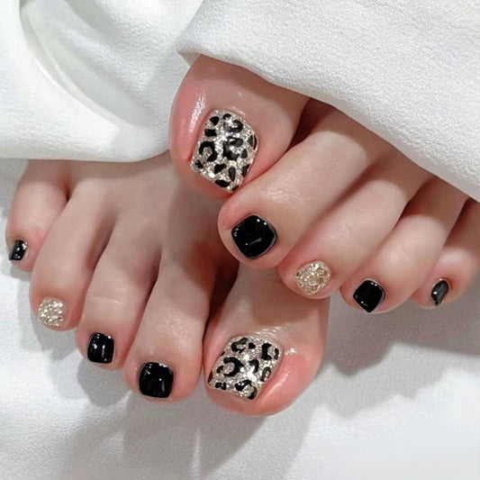 Press on Toenails Black Fake Toe nails with Gold Glitter Leopard Print Designs Glossy Short Square Toe nails Press ons Acrylic Stick on Toenails for Women 24Pcs