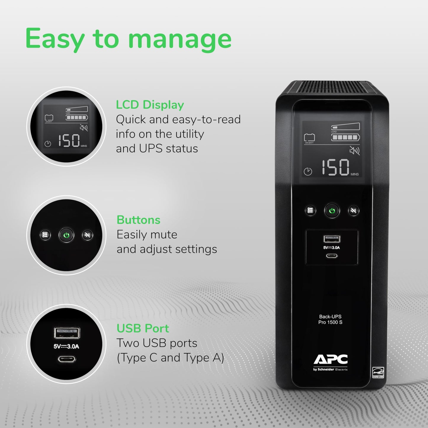 APC Back-UPS Pro Sine Wave UPS, 1500VA/900W, Active PFC Compatible, AVR, LCD, 10 Outlets, USB-C Charging Port, BR1500MS2 | Uninterruptible Power Supply for Home Office, PC, Gaming Computers