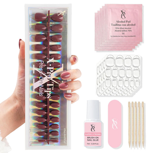 SXC Cosmetics Press On Nails - 012 Mocha Muse | X5 Signature Series - XS Almond X-Pro Tips Fake Nails, Salon Quality Nails 16 Sizes - 160 pieces Nail Kit with Glue