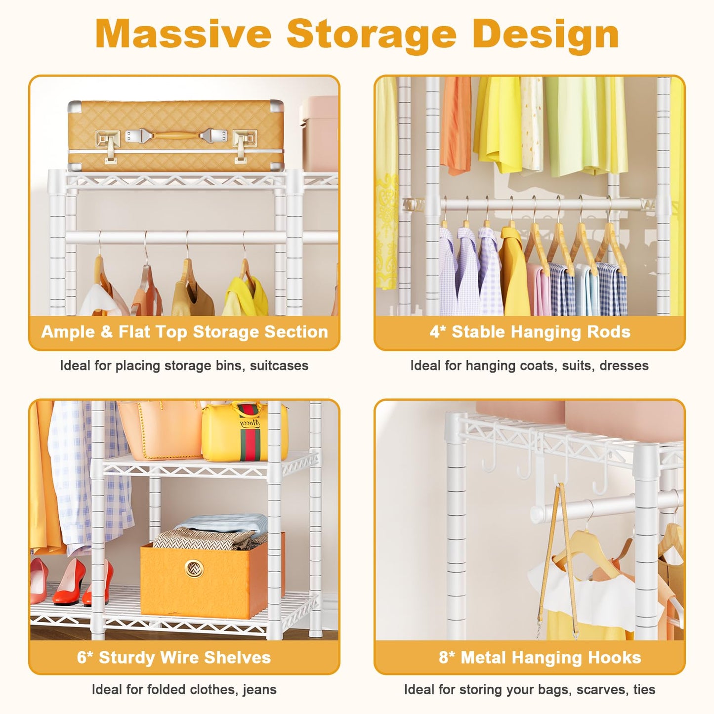 Ulif H50 Extra Large Clothes Rack, Heavy Duty Garment Rack, Freestanding Portable Closet, Clothing Racks for Hanging Clothes, Wardrobe Closet 89.8'' W x 15.8" D x 76.4" H, Max Load 1400 Lbs, White