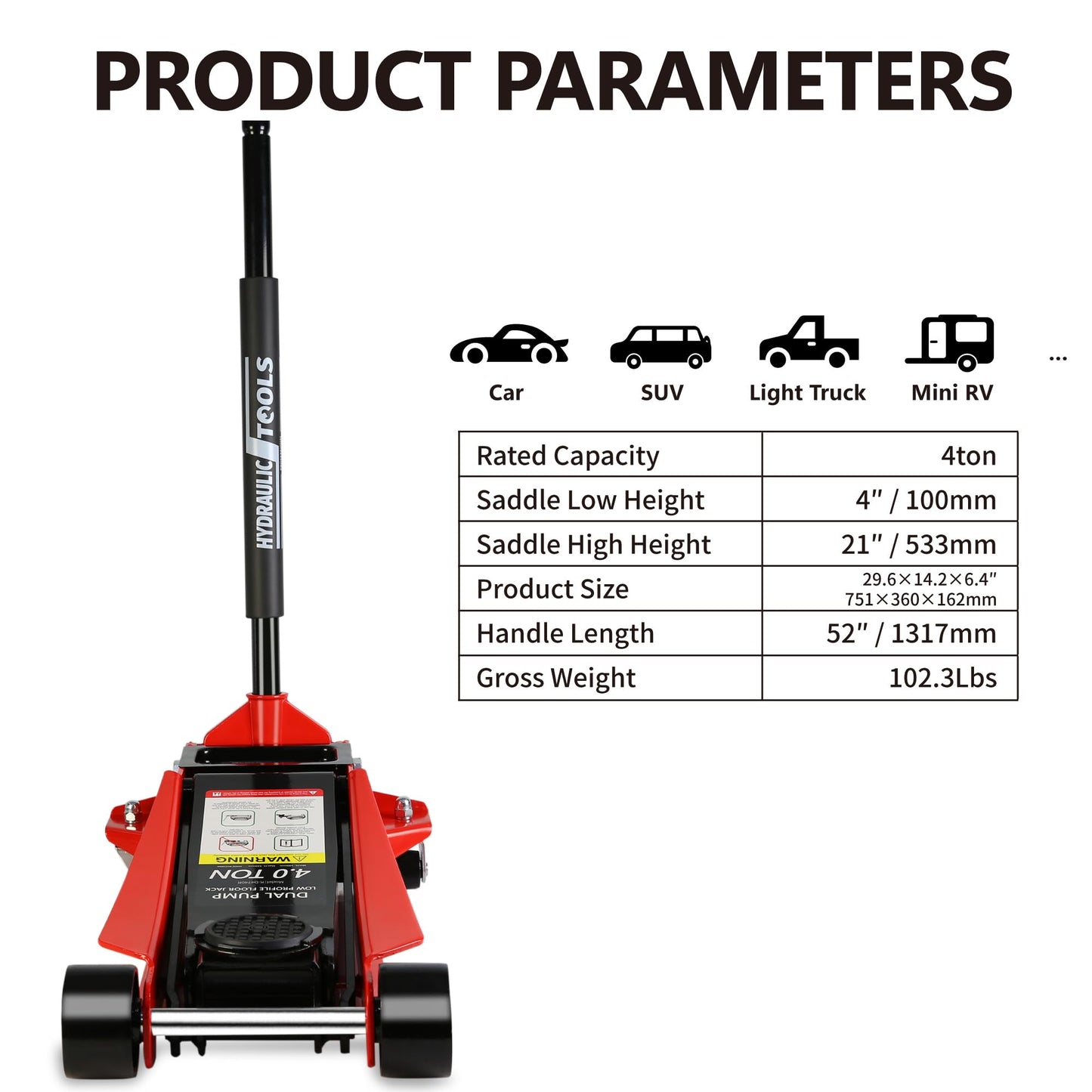 Elefesign 4T(8000) Low Profile Floor Jack, Steel Racing Floor Jack with Dual Pistons Quick Lift Pump, Car Jack Hydraulic AutoLifts for Home Garage, Hydraulic Floor Jack Lifting Range 4"-21"