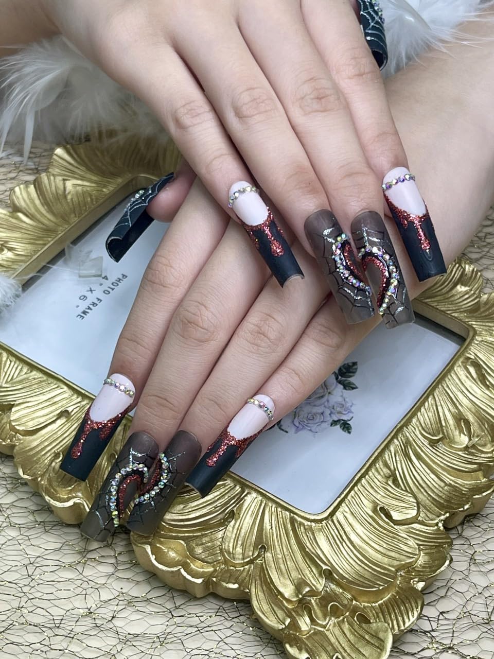 Halloween Press on Nail Handmade 3D Halloween with Rhinestones Fake Nails, False Tip For Women and Girls Full Cover - Haflona (Halloween Heart Size S&M)
