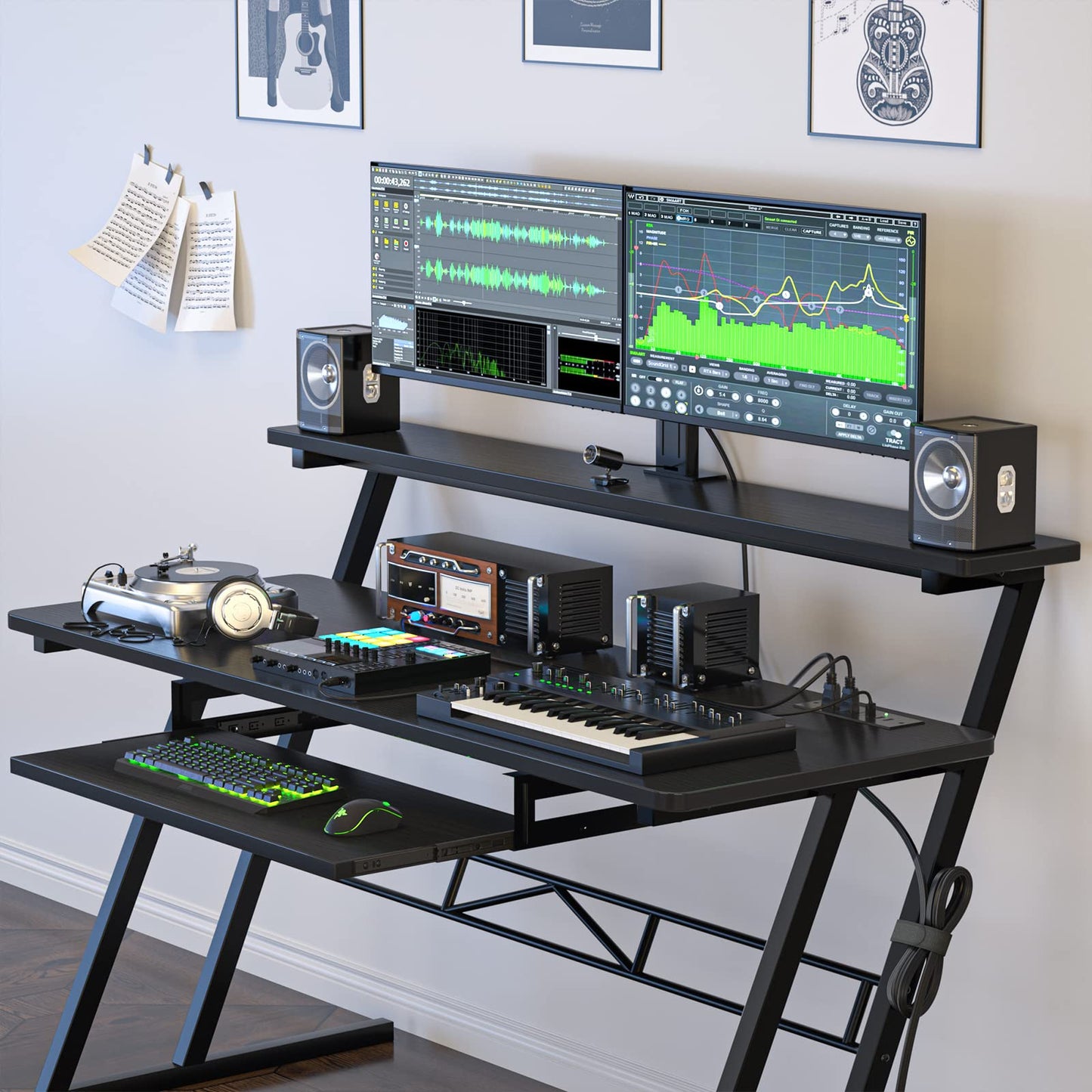 Music Studio Desk Production Workstation - Recording Studio Desk for Producer with Power Outlet, Studio Workstation for Music Recording, Home Studio Table Desk, Black