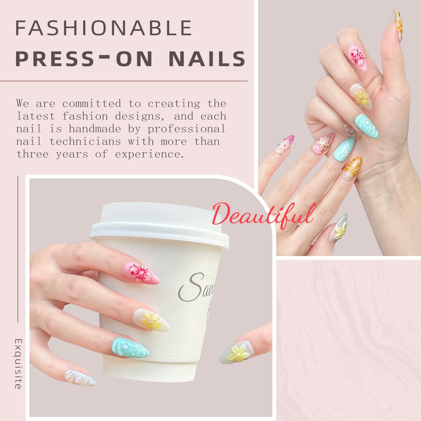 Luxury Handmade Press-On Nails – Medium Almond 3D Flower & Pearl French Tip, Blue Ocean Spring Pattern Reusable Acrylic False Nails (M-10PCS)