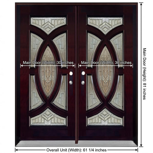BGW Doors - Exterior Wood Door with Decorative Glass Pre-Hung Pre-Finished Double Entry Door M705- Righthand Swing 61 1/" X 81 "X 5 1/4"