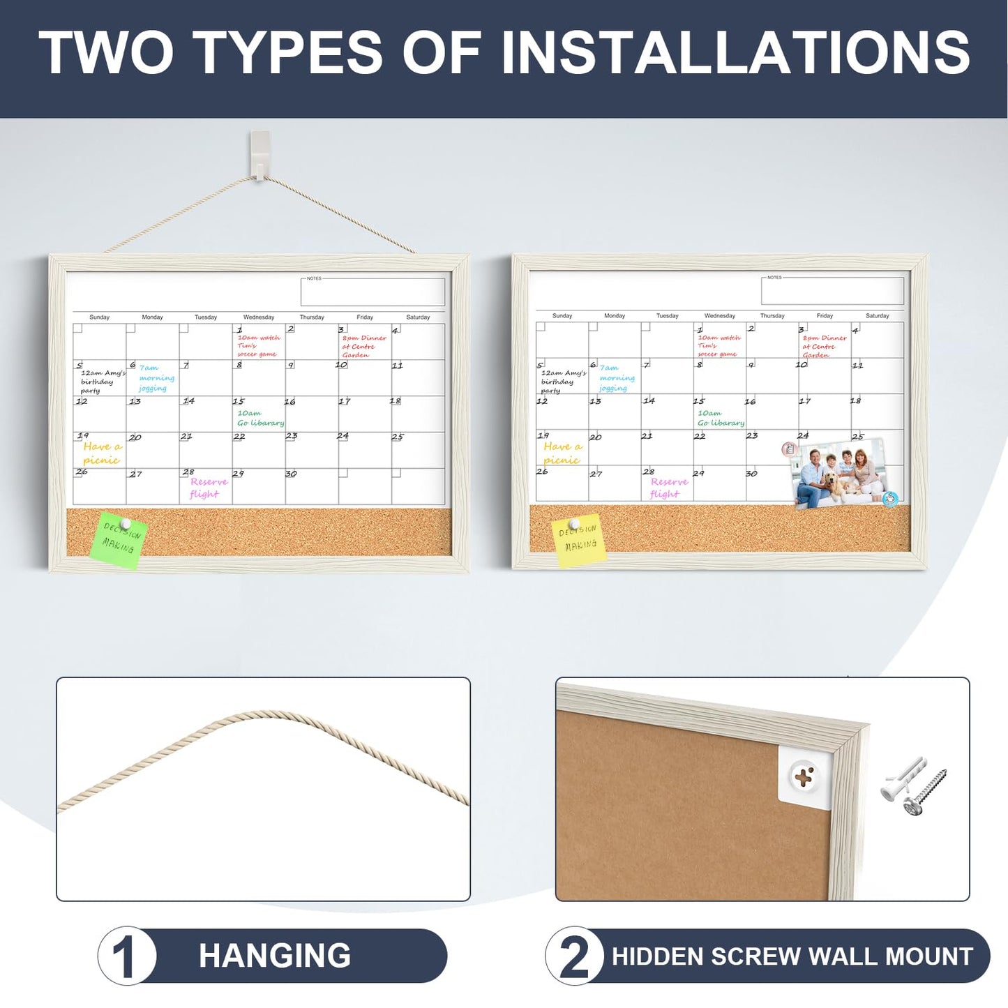 Calendar Whiteboard for Wall, TANKEE 17x13 Inches Whiteboard Calendar Cork Board Combo, Small Magnetic White Board with Wood Framed, Hanging Dry Erase Board for Kitchen Home Office School Planner