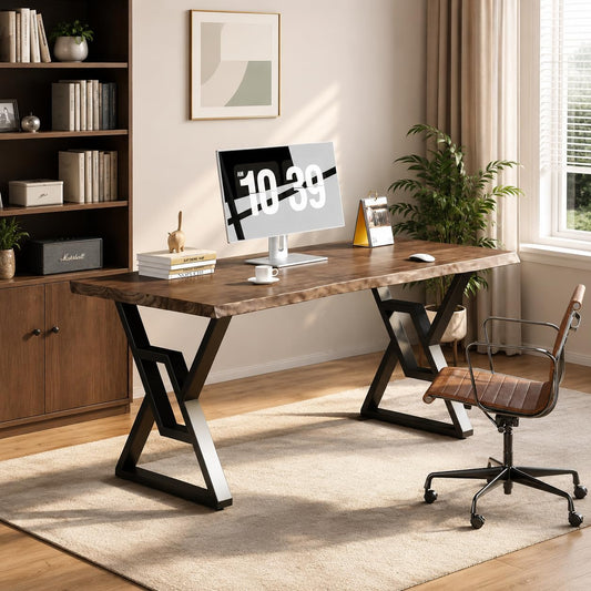 QZYJKJ 55inch Rustic Brown Solid Wood Computer Desk - Modern Gaming Workbench for Home Office, Modern Simple Design, Ideal for Study, Writing, Dining