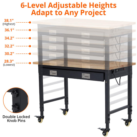 Garage Workbench, 48×24 Inch Rubber Wood Workbench with Drawer, Heavy-Duty 2000LBS Loading Capacity, Tool Storage Worktable, Locking Wheels, Workstation for Workshop, Warehouse, Office, Black
