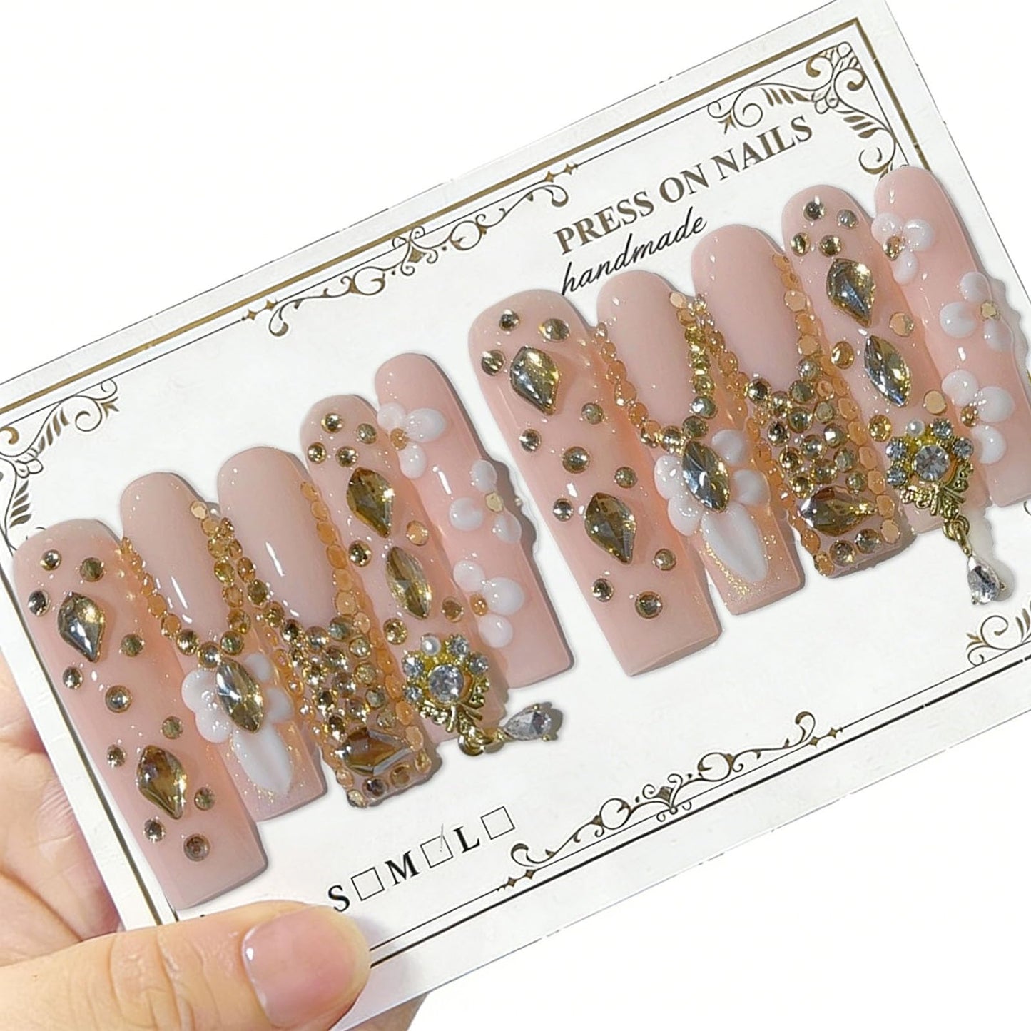 10 Pcs Extra Long Handmade Press on Nails Square Fake Nails with 3D Flowers Rhinestones Charms Curve Design False Nails Pink Acrylic Long Press Ons Nails Wedding Party for Women Nail Art - M Size