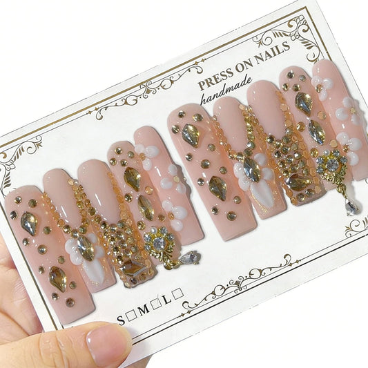 10 Pcs Extra Long Handmade Press on Nails Square Fake Nails with 3D Flowers Rhinestones Charms Curve Design False Nails Pink Acrylic Long Press Ons Nails Wedding Party for Women Nail Art - M Size