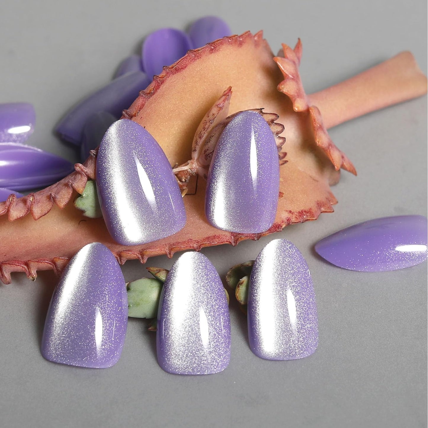 Purple Ombre Cat Eye Press on Nails, Glossy Metallic Gradient Almond Shape False Nails, Elegant & Modern for Women, 24PCS Nail Kit