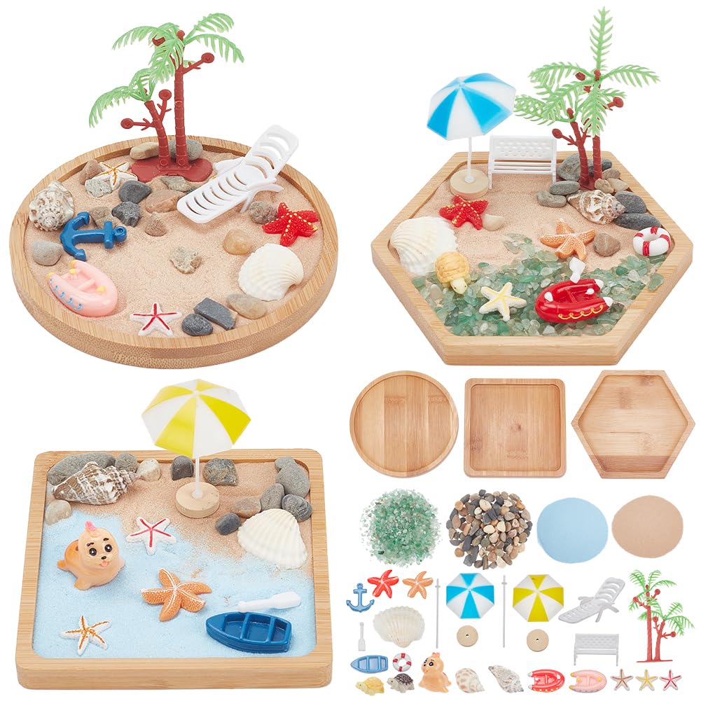WEBEEDY 3 Sets Miniature Beach Zen Garden Kit Sand Craft Kit Ocean Beach Sandbox Decorations Meditation Mini Zen Garden Accessories for Home Office Desktop Decor Gift, 4/4.2/4.4 inch Tray