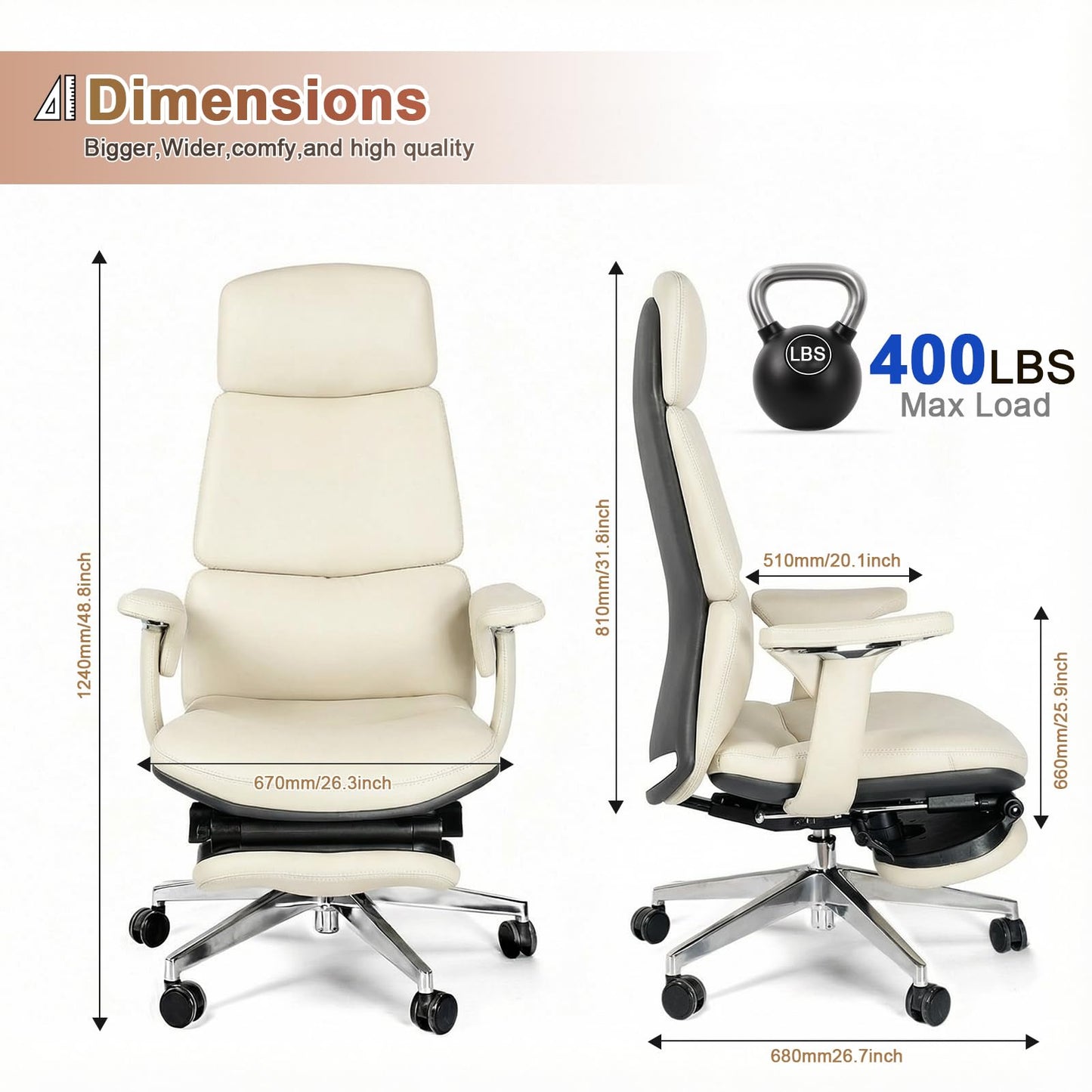 FurniBaron Genuine Leather Office Chair with Flexible Footrest, High Back Executive Office Chair with Lumbar Support, Adjustable Tilt Mechanism, Weight Capacity 400 lbs (White)
