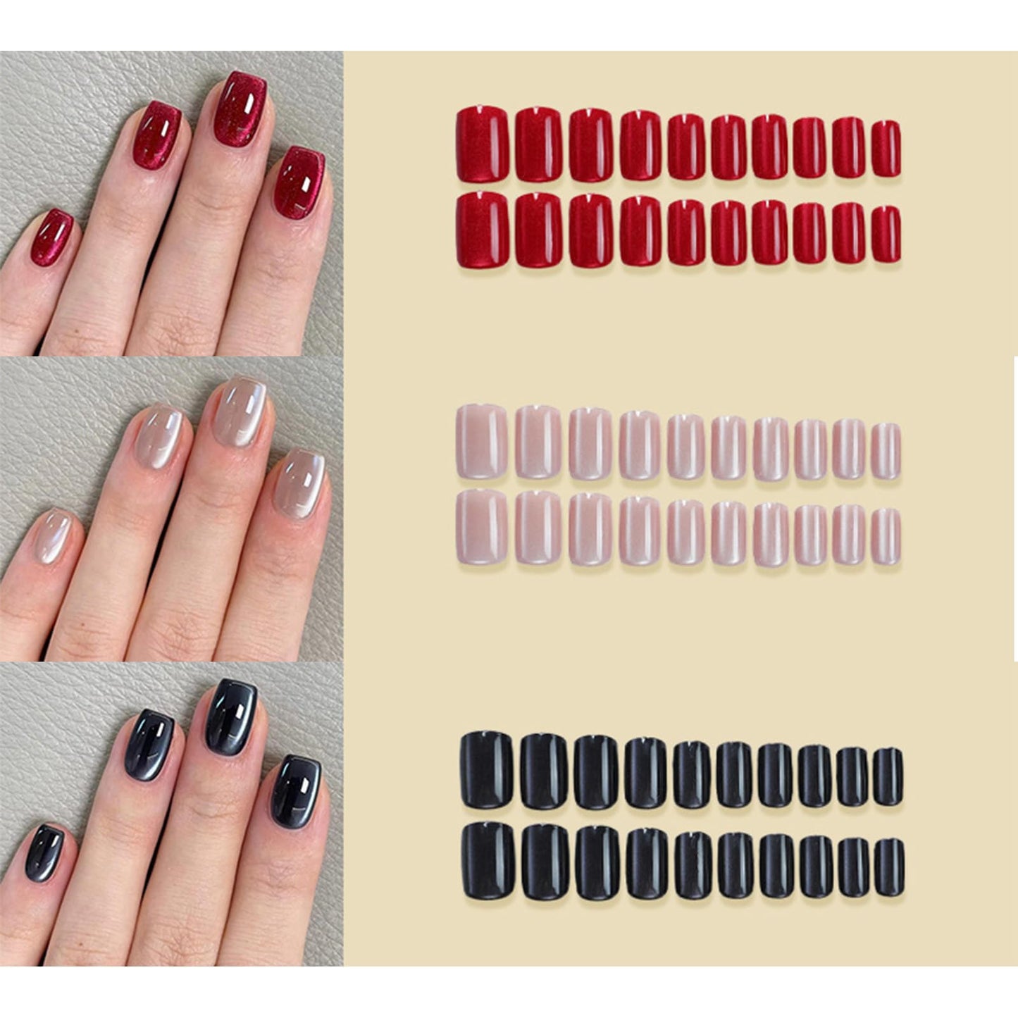 3Packs 72Pcs Square Press on Nails Short Cat Eye Fake Nails Glossy Glitter Acrylic Nails Black Red Pink Gel Glue on False Nails Press ons Manicure Kit for Women Girls 12 Sizes