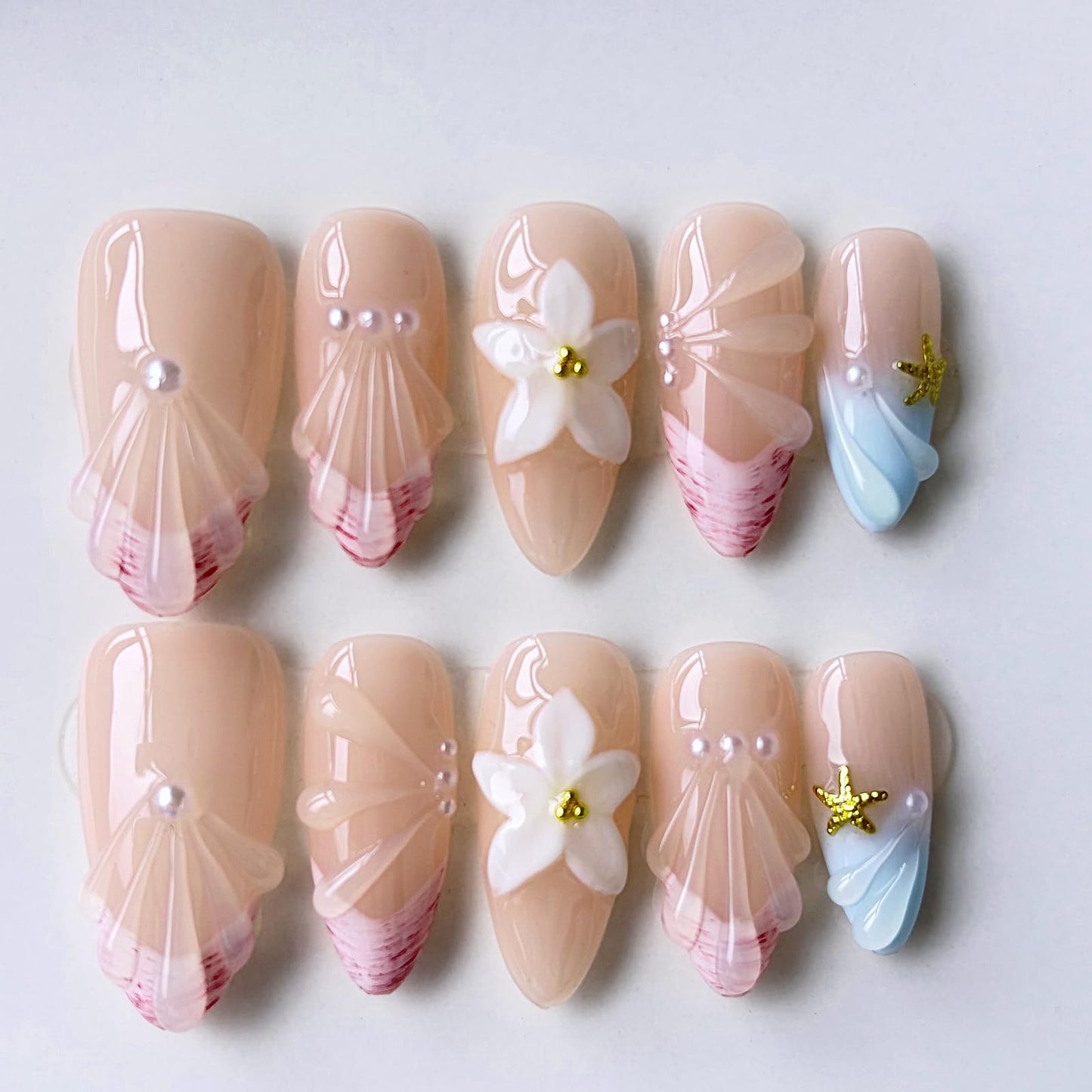 Threelegscat Pink Press on Nails Medium Almond 3D Flower& Starfish with Design Handmade Reusable Fake Nails for Woman Daily &party Size M 10PCS