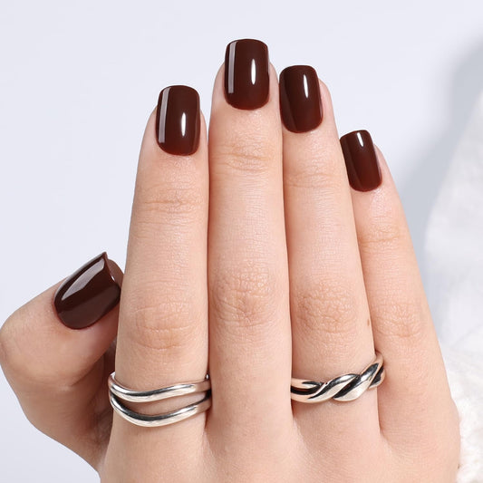 Brown Press On Nails Square - Brown Short Square Fake Nails, Short Press On Nails Reusable Stick On Nails in 15 Sizes 30pcs False Nail Kit for Women & Girls (Chestnut)