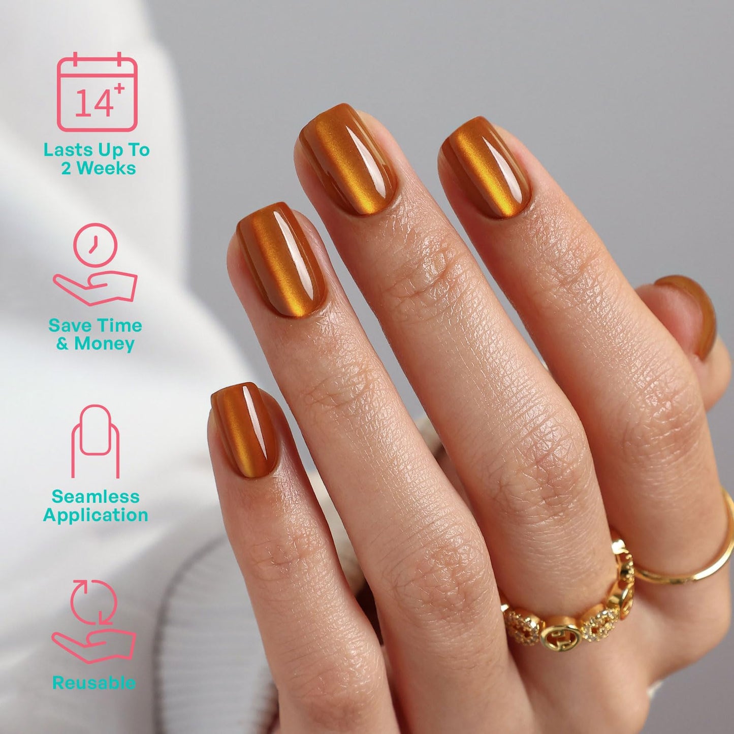 Burnt Orange Cat Eye Press On Nails Short- GJZEZ Amber Yellow Light Brown Soft Gel Square Cateye Glass Fake Nails Press Ons Gifts for Women | 16 Sizes - 32 pcs Reusable Salon Quality Faux Nail, Ginger