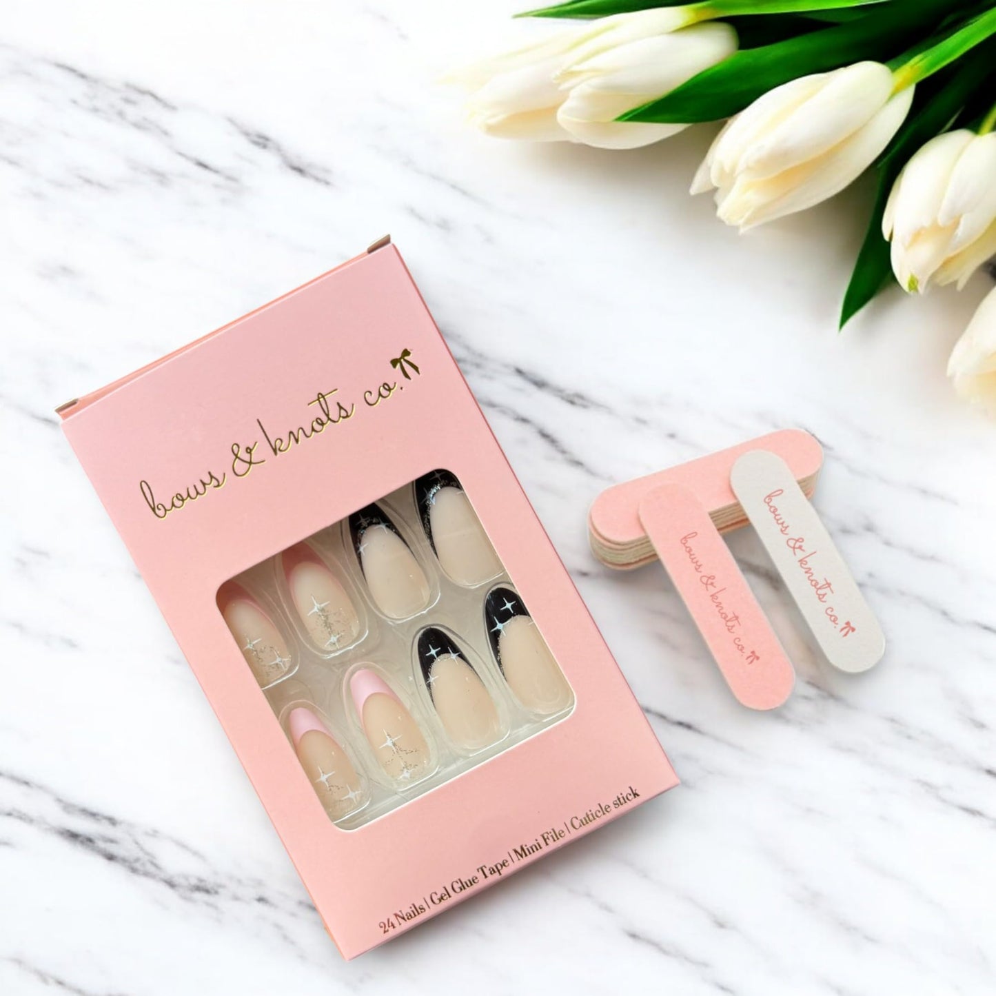 24 Pcs Press On Nails Short, Soft Gel Fake Nails, Glossy, Durable & Reusable, Easy to Apply Glue On Nails for Women By Bows And Knots