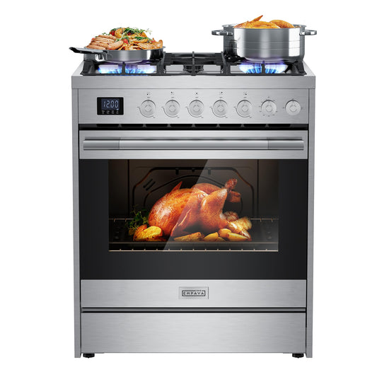 Empava Gas Range, Convection Oven 5.0 Cu. Ft with Touch Timer, 5 Deep Recessed Burners Cooktop, Heavy Duty Continuous Grates in Stainless Steel, Freestanding & Slide-in,30 Inch