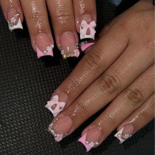 Cute Press on Nails Short Square French Tip Fake Nails Flower Pearls Bow Charms False Nails with Designs MABKJLF Pink & White Glossy Glue on Nails Stick on Nails Acrylic Nails for Women Girls 24Pcs