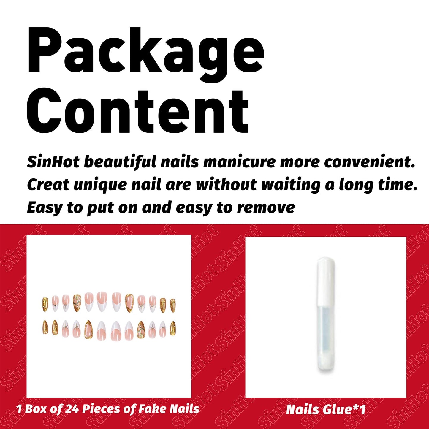 SINHOT Almond Press on Nails Medium Fake Nails Glossy Glue on Nails 3D Gold Rose Acrylic Nail Gold Chrome Stiletto Artificial Nail French Tip Stick on False Nail with Design 24 pcs