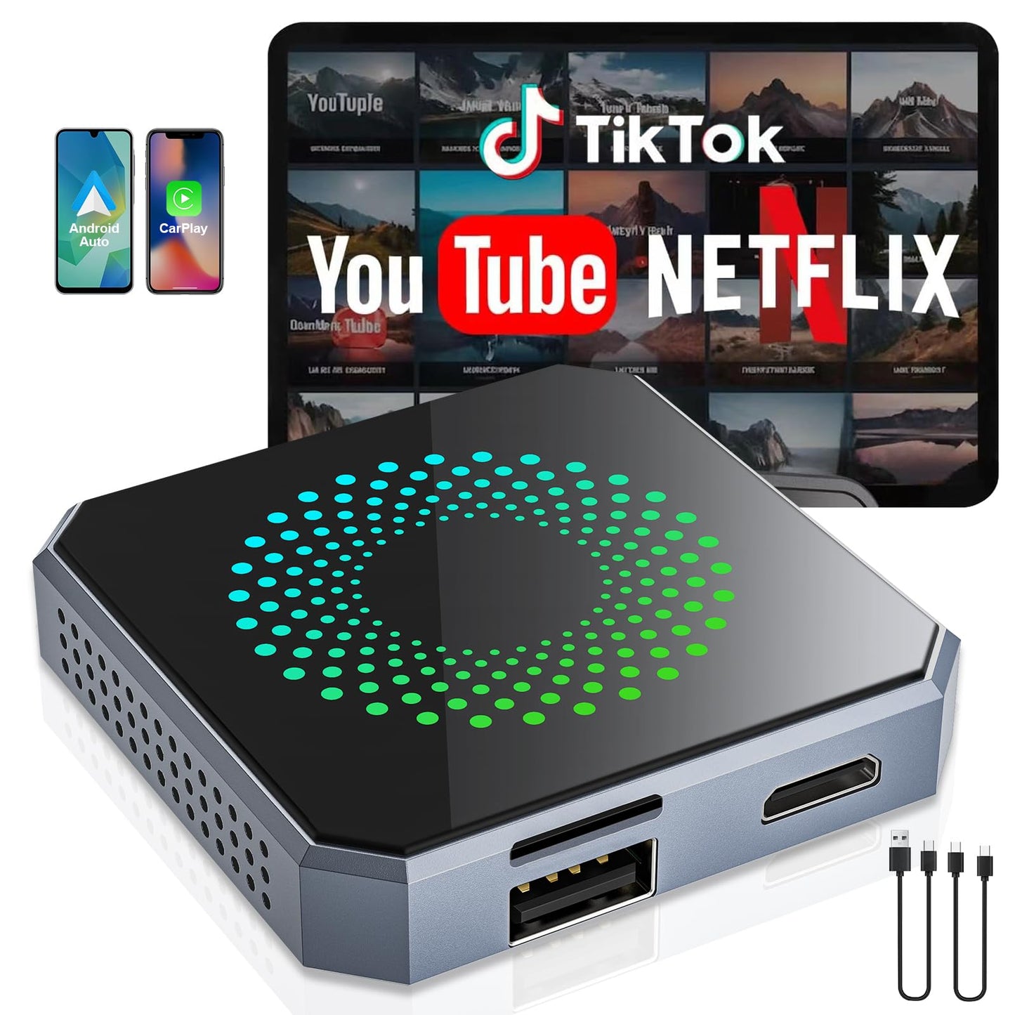 5-in-1 Wireless CarPlay & Android Auto Adapter with Netflix/YouTube, [Supports 4K HDMI Output & Screen Mirroring] - Plug & Play Car Play Wireless Smart AI Box for Cars with OEM Wired CarPlay/Auto