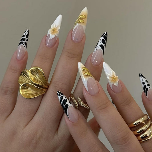 octoswave Press on Nails Long Almond Fake Nails French Artificial Nail with Flowers Stick on Nail for Women 24pcs