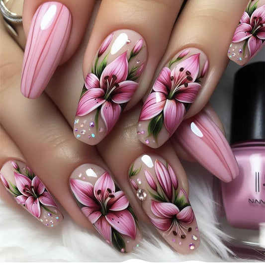 Flower Press on Nails Medium Length Pink French False Nails Lily Floral Design False Nails Full Cover Glossy Acrylic Nails Ballet Shaped Artificial Stick on Nails Reusable Glue on Nails for Women