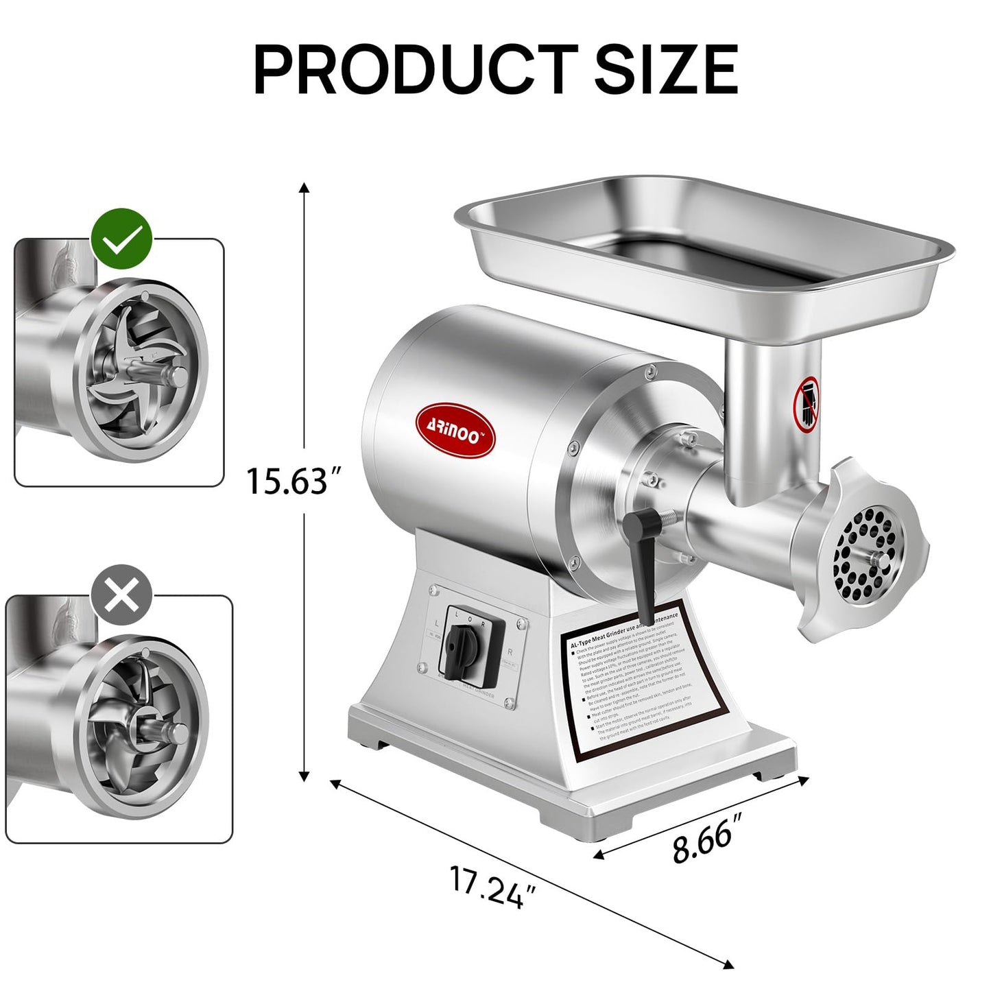 ARINOO Commercial Meat Grinder #8C, 0.6HP Heavy Duty Stainless Steel Industrial Meat Mincer w/2 Blades & Meat Pusher,Electric Meat Grinders for large batches home butchering, or small farm processing