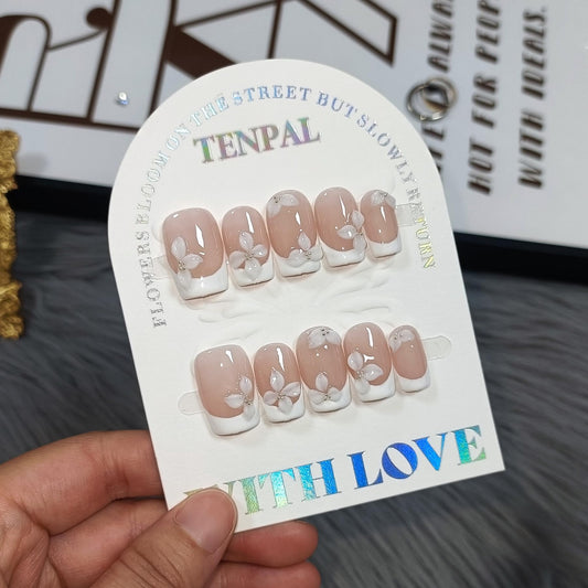 TENPAL 10Pcs Handmade Press On Nails Medium With Tools,Nude White French Tip Coffin Fake Nails with Designs,Hand-Painted White Floral Sculpted Salon Acrylic Glue on Nails for Wedding Party Daily(S)