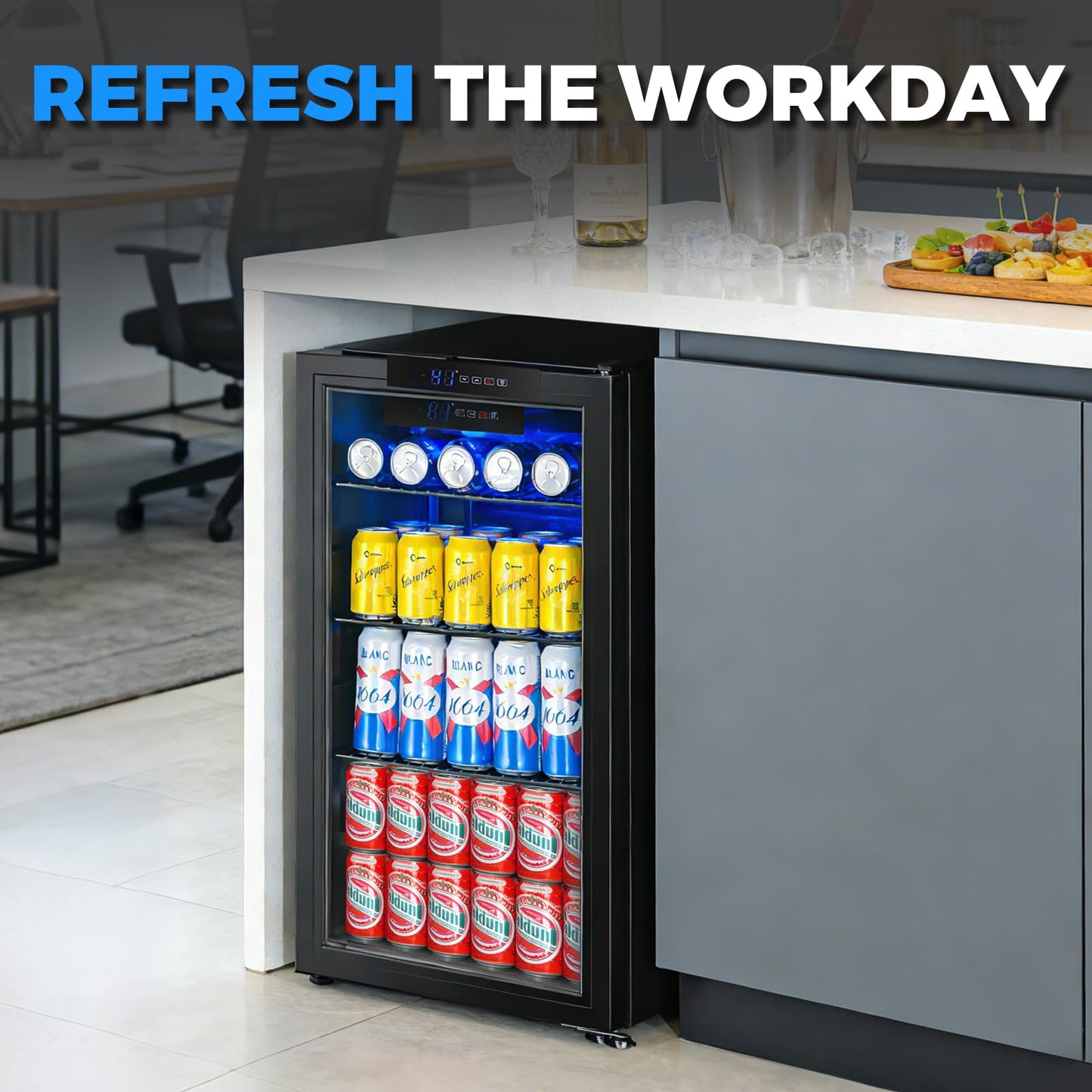 BINGERMA Under Counter Beverage Refrigerator 4.0 Cu.Ft, Glass Door Drink Fridge with Blue LED Light and Adjustable Temperature for Soda, Beer and Cans, Compact Mini Bar for Kitchen and Office