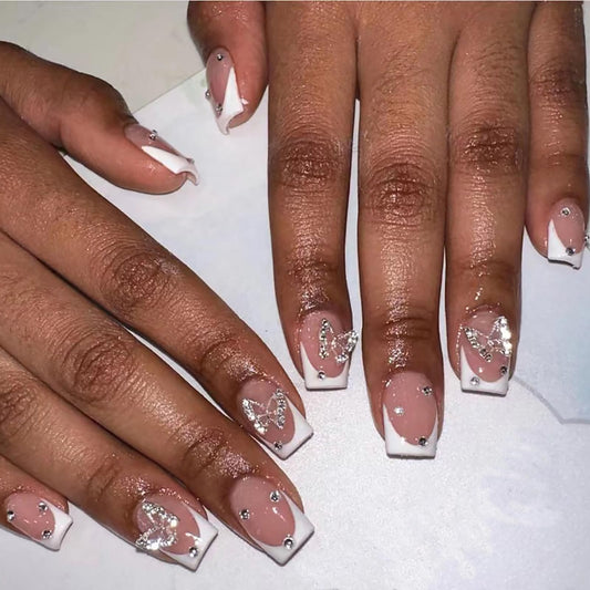 Press on Nails Extra Short Square MABKJLF French Tip Fake Nails Nude Full Cover Glue on Nails Rhinestones False Nails Butterfly Charm Acrylic Nails Stick on Nails Artificial Nails for Women Girls