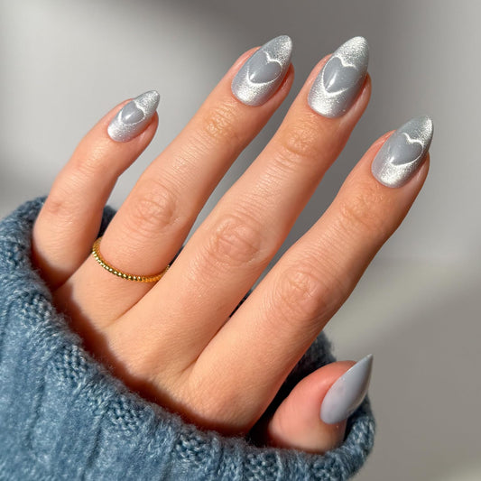 Glamnetic Press On Nails - Cold Hearted | Short Almond Fake Nails with Heart Accent and Pale Blue Velvet Finish, Salon Quality | 15 Sizes - 30 Nail Kit with Glue