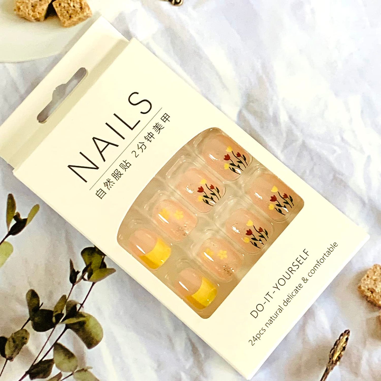 Tulip Press on Nails Short Square 24PCS Full Cover Reusable False Nails Kits, Glue on Nails with Flower Designs Artificial Glossy Fingernails Acrylic Fake Nails for Women Stick on Nails Coffin Shape