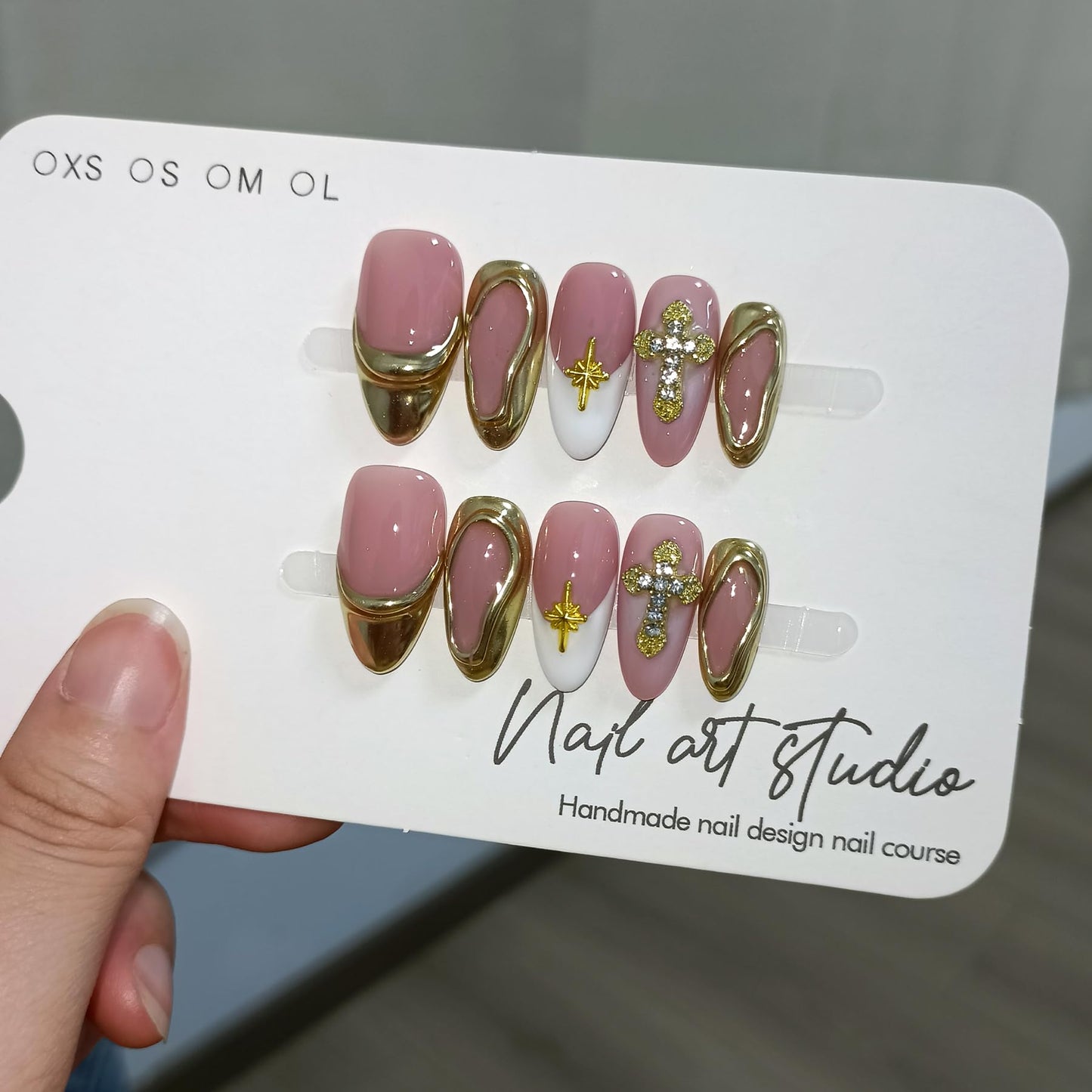 TENPAL 10Pcs Handmade Press On Nails Almond With Tools,Acrylic Icy Platinum French Tips Fake Nails with 3D Metal Cross,Glossy Y2K Blush Glitter Edgy Sweet Glue on Nails for Women,Gold French Nails(L)