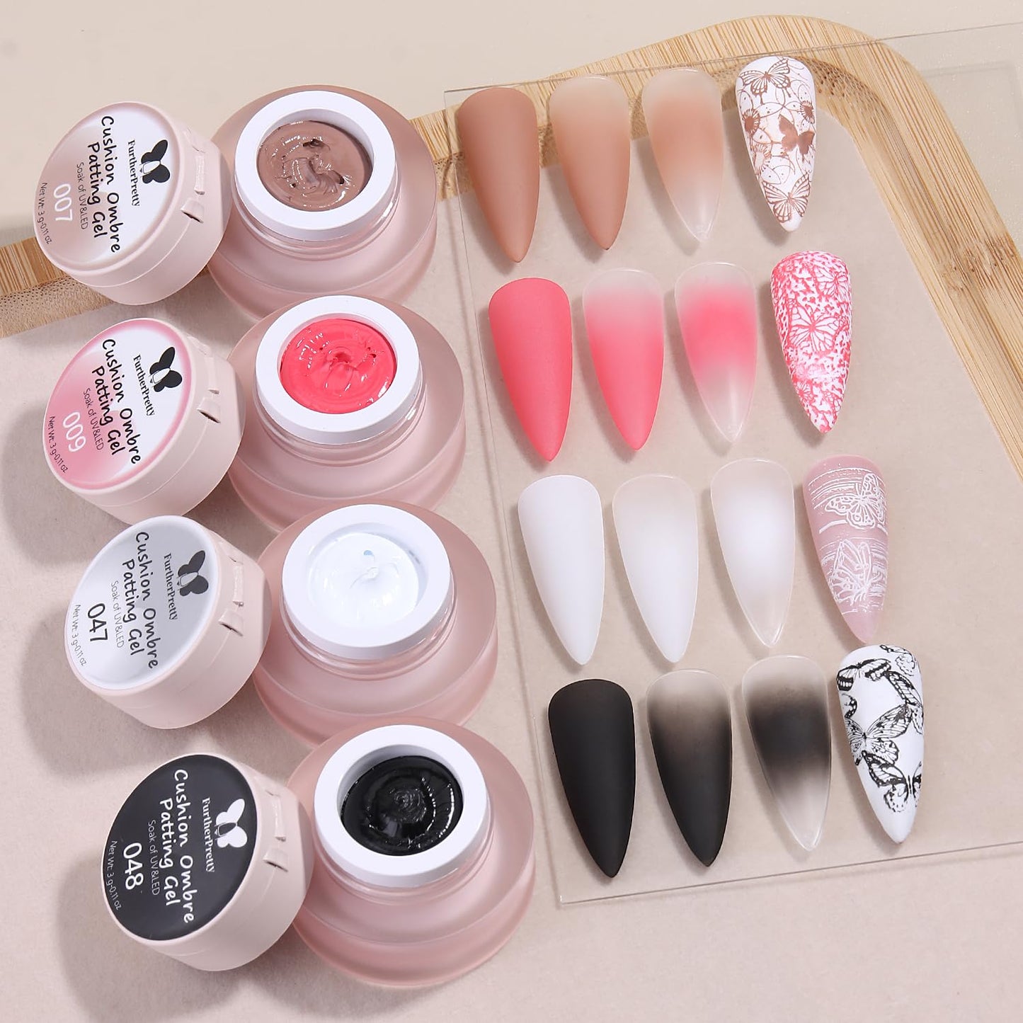 Furtherpretty Cushion Ombre Nail Art Gel Kit with 3D Sculpting Gels, 4 Colors Gradient Painting Gel Polish Set with 100 Sponges, Brush & Carving Pen, Aura Nails DIY Home Manicure Salon Supplies