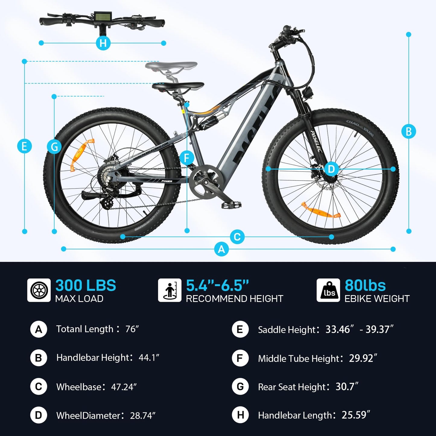 PASELEC Electric Bike for Adults, 27.5''*3.0 City Mountain Ebike with Peak 1000W 35MPH Brushless Motor, 768Wh Removable Battery, Up to 70 Miles Range 8-Speed &Dual Hydraulic Suspension Shock Absorber