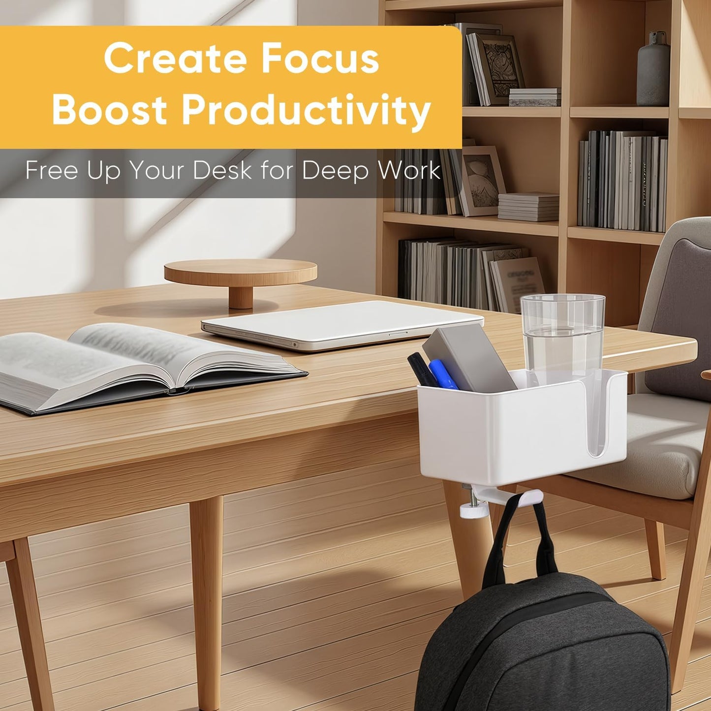 4-in-1 Clip On Desk Cup Holder, Fits up to 40oz cups - Mountable Holder with Adjustable Divider & 360° Rotating Hook - No Spill Clamp On Drink Holder Attachment - for Desk Chair Table Bed Tray - White