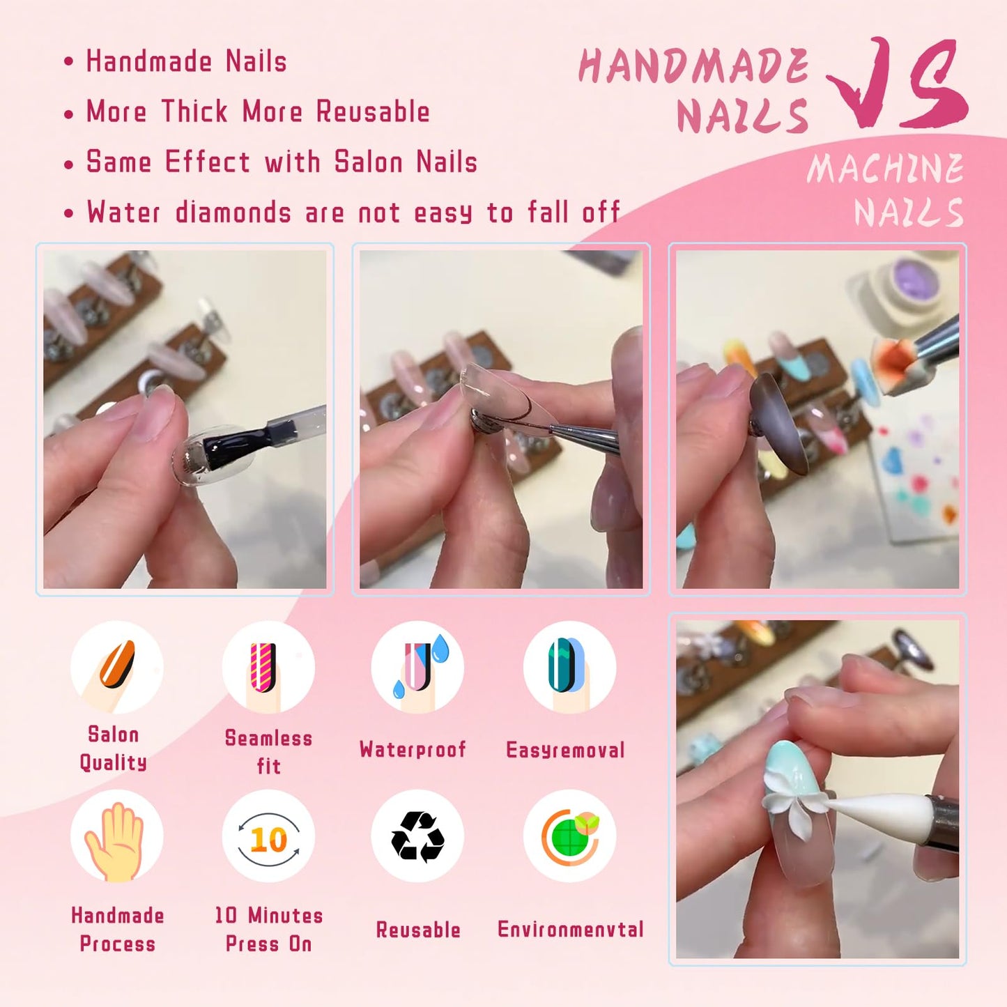 Vanpaga Red Handmade Press on Nails, Red Polka Dot Nail Tips with Mushroom& Floral Design, Almond Shape Acrylic Nails Kit, Reusable Professional Nail Art for Women & Girls(M)