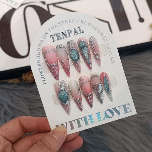TENPAL Long Stiletto Press on Nails,Pink-Silver Holographic Gradient Hand-Painted Moons Fake Nails with 10pcs Tools,3D Cat Eye Glitter False Nails,Edgy Meteors Design Sweet-Edge Metal Nails(S)