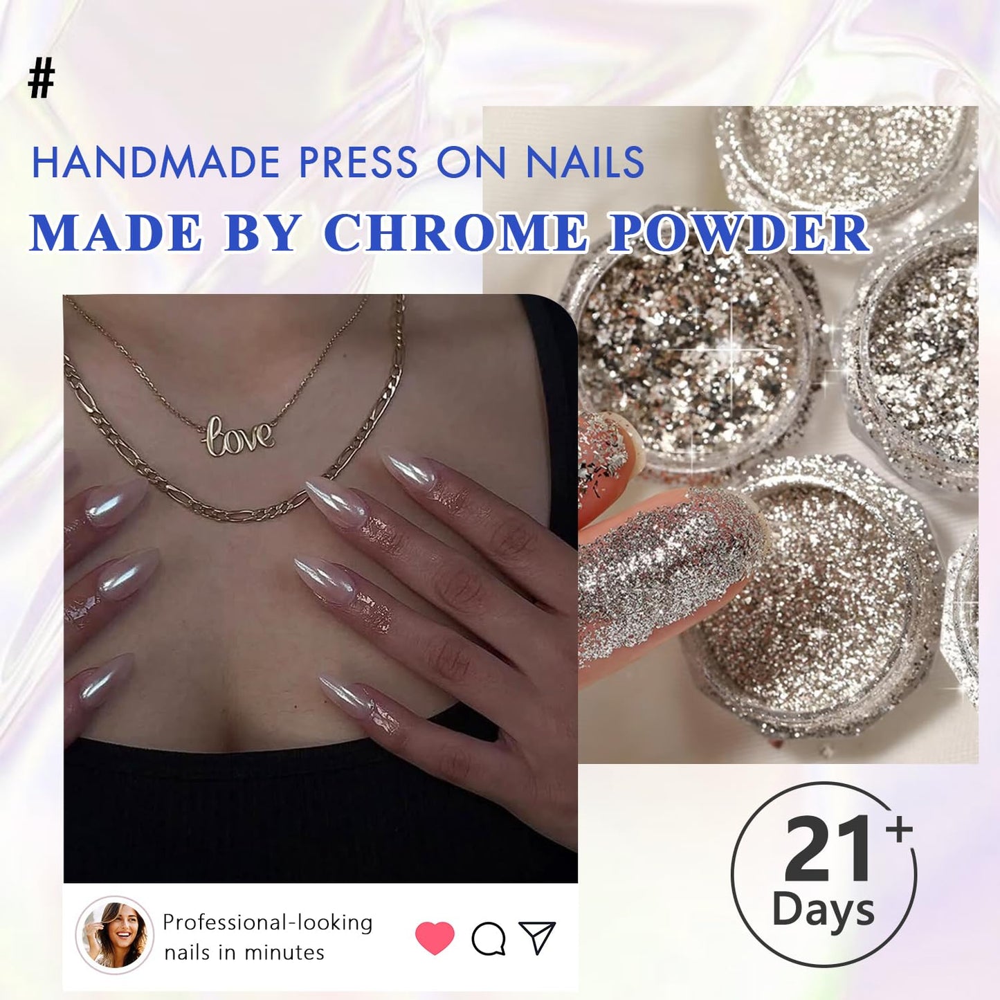 Red Press On Nails Almond - KQueenest Chrome Press On Nails Medium, Sparkle Glazed Fake Nails Press on with Mirror Effect, Cute Glue on Nails Medium Stiletto, Stick On Nails for Women Finger Wear