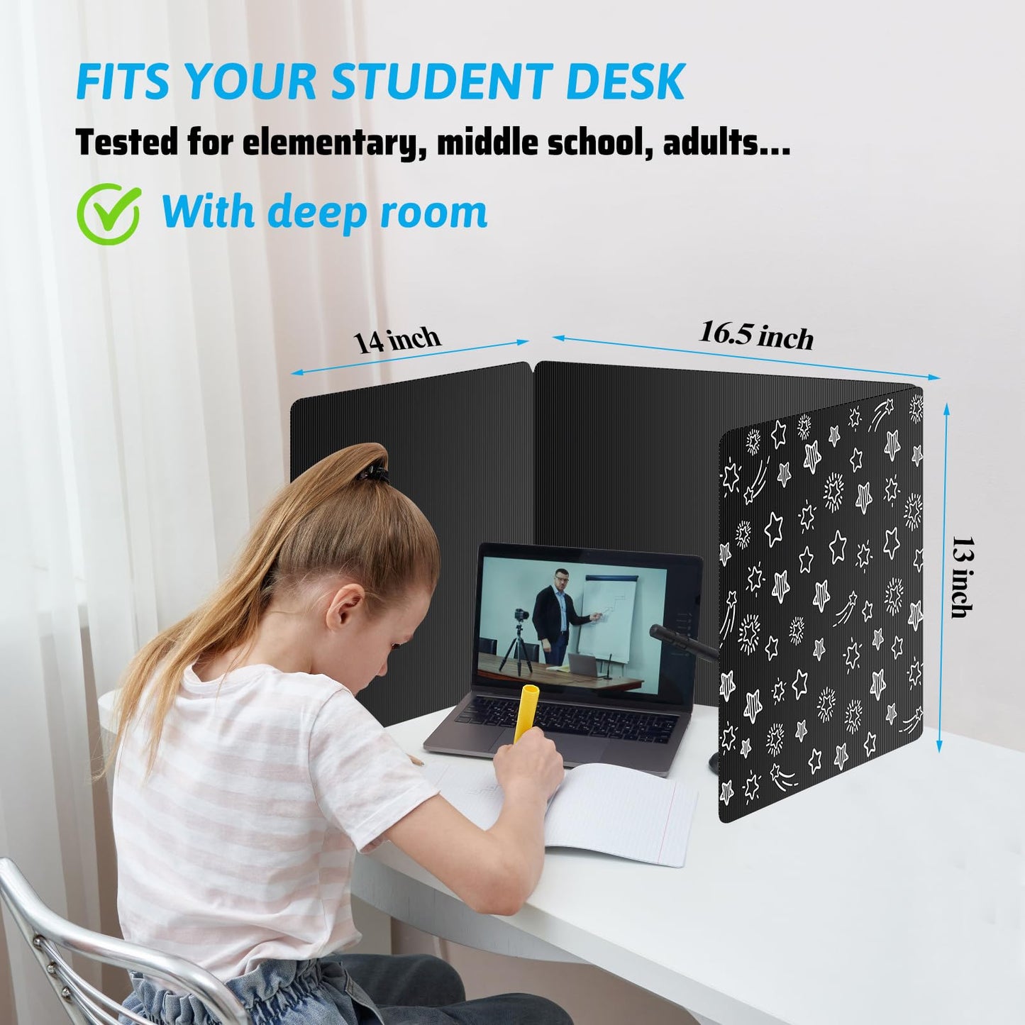 Black 24-Pack Desk Dividers for Students, Waterproof Plastic Study Carrel Divider, Durable Testing Dividers for Classroom Teacher Supplies, Easy to Clean Privacy Shield Folder Boards for Student Desk