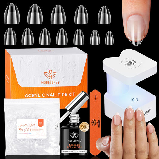 modelones X Nail Gel Kit Extra Short Almond, 9-in-One Nail Glue with Mini UV Light 216Pcs 12Sizes Pre-Etched Press ons Fake Acrylic Extension Kit DIY Salon Gift for Women