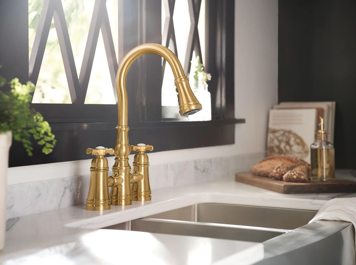 Moen Brushed Gold Weymouth Two Handle Pulldown Bridge Kitchen Faucet, S73204BG